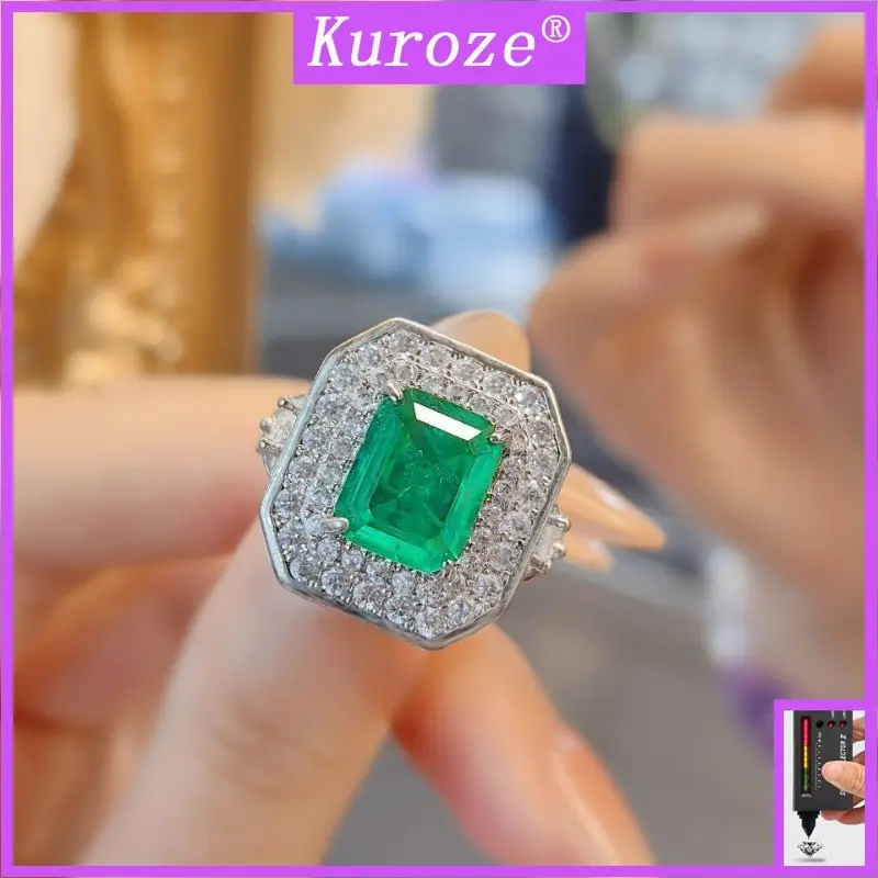 Kuroze Fashion Temperament Emerald Ring Vintage Inlaid High Carbon Diamond Princess Square Green Diamond Women's Ring