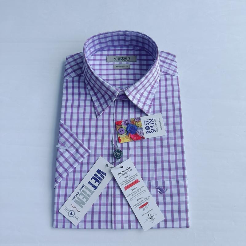 Áo sơ mi nam việt tiến ngắn tay vạt ngang phom regular(0519) vải hoa Hồng