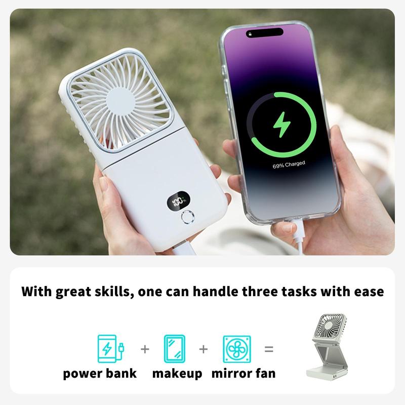 Product Introduction of Portable Fan with Makeup Mirror, 2500mAh Rechargeable Handheld Fan, Multifunctional Foldable Makeup Mirror Fan, Desktop Phone Holder Fan 7