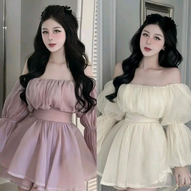  Đầm váy tơ trễ vai tay phồng bo eo xinh xắn,dự tiệc Nữ 