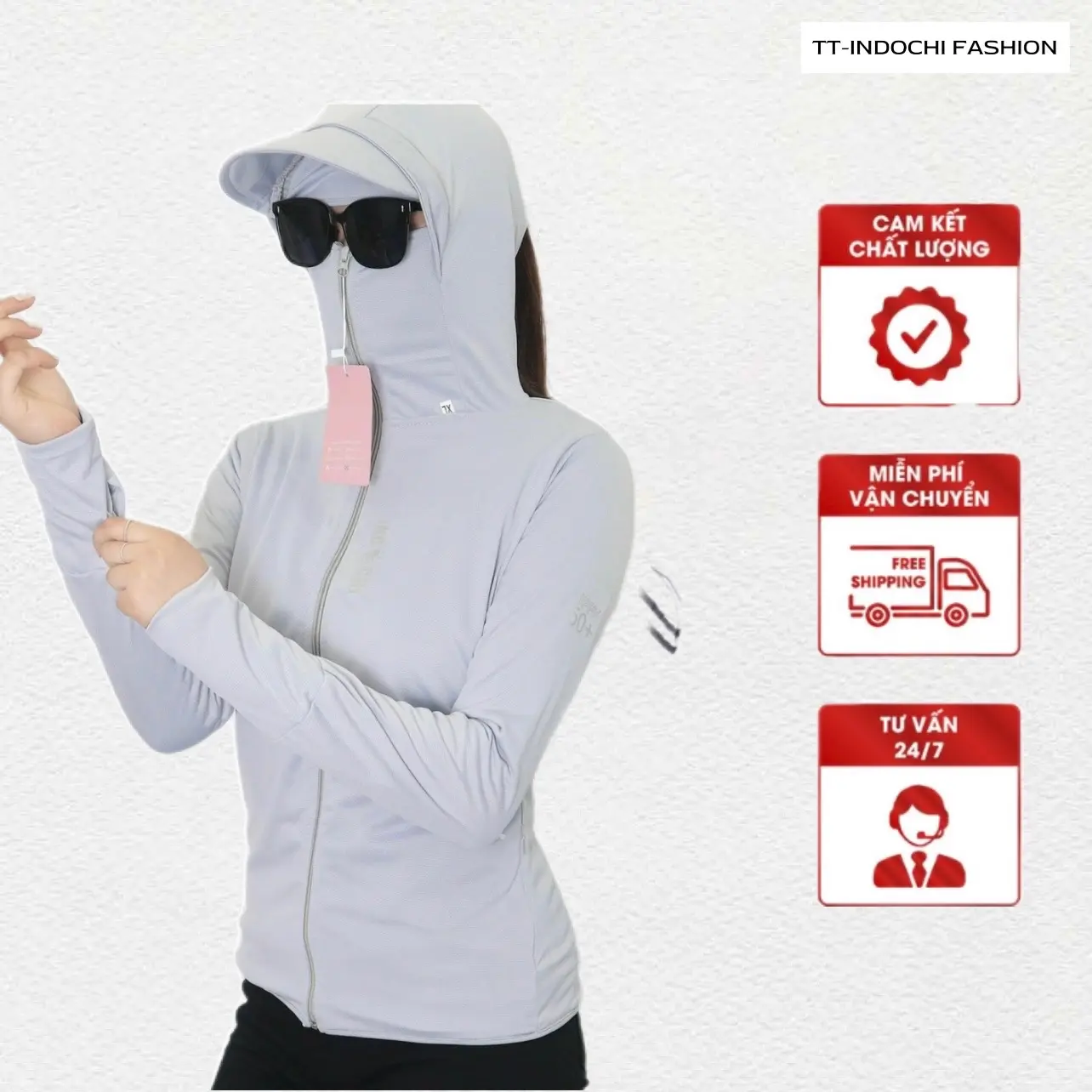 Áo Nắng Nữ Có Che Chán Chống Tia UV 2 Lớp Logo Dọc Ngực Thông Minh