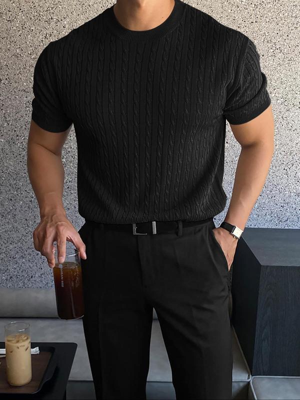 Men's Slim Textured Round Neck Cable Knit Top, Casual Short Sleeve Knitwear for Summer, Menswear for Daily Wear 4