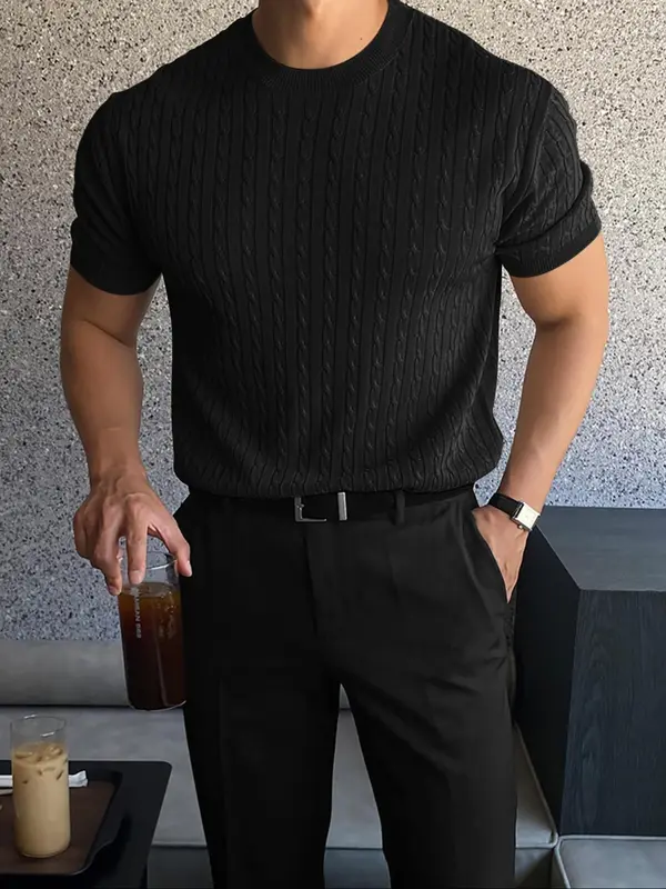 Men's Slim Textured Round Neck Crewneck Cable Knit Top, Casual Short Sleeve Knitwear for Summer, Menswear for Daily Wear 4