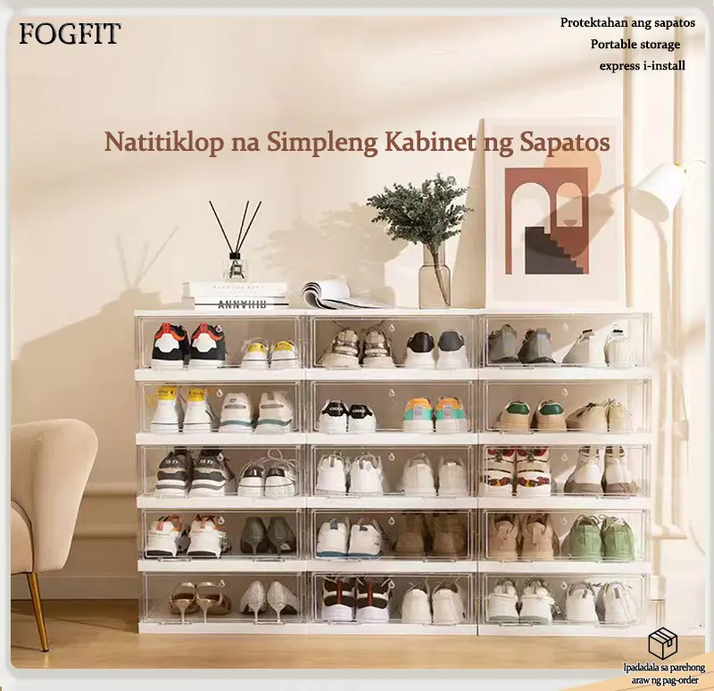FOGFIT  COD 3-side-Transparent 2-row stackable Foldable Acrylic  clear Shoe Box  Free Shipping - Multifunctional Clear Shoe Storage Shoe Rack with Large Capacity & Front Drop Design Organiser Smooth foldable with lid bag  storage cabinet