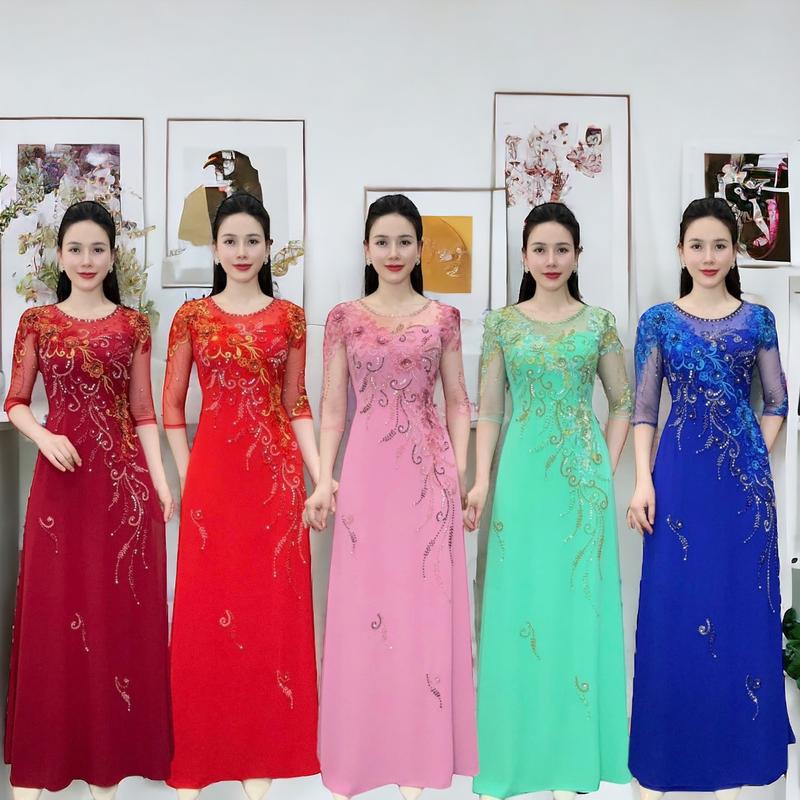 Áo dài dạ hội trung niên cao cấp mã AD86 Nữ Women a odai aodai mau jador dress ❧ ✪m☆ ♡ đỏ sang vàng 1