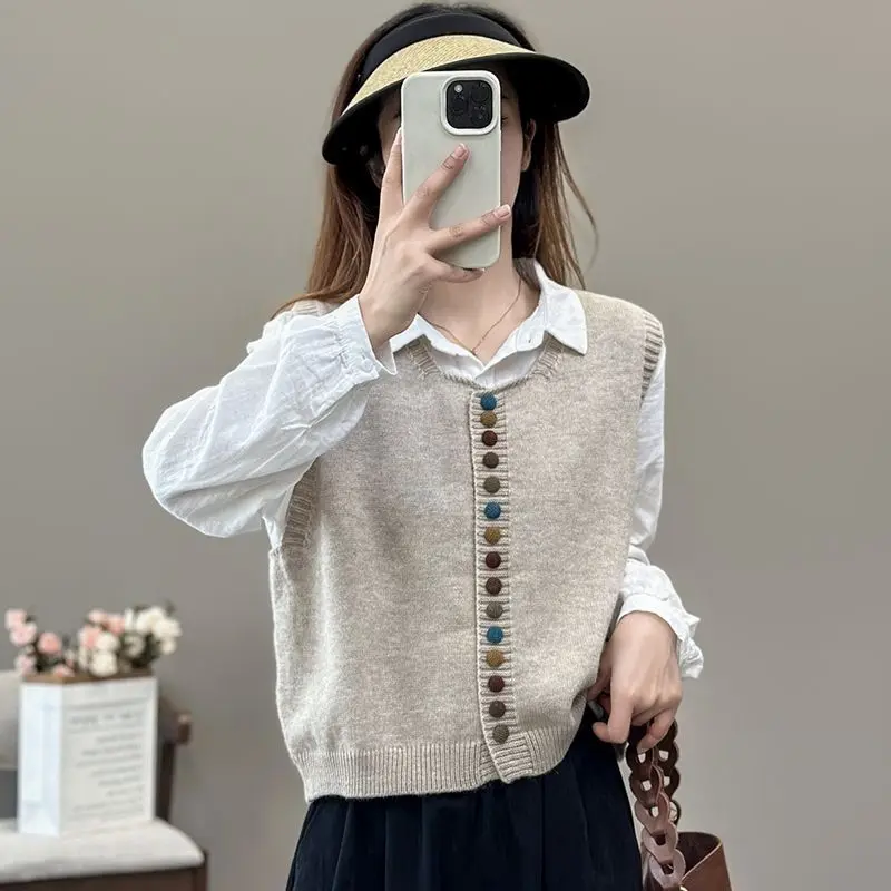 Áo Vest Không Tay Khóa Màu, Dệt Kim, Cổ Tròn, Dáng Rộng Vừa Vặn, Hàng Mới Về Mùa Thu, Áo Len, Dành Cho Nữ, Phong Cách 202 400, Phù Hợp Top Women 1