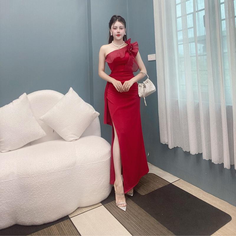 Váy Thiết Kế VQLADY D2 Đầm thiết kế dáng ôm phối tơ lệch vai đính nơ sang chảnh  đi chơi và đi dự tiệc Dress Women Nhung Voi Nhung Voi Voan  đỏ hồng  đỏ và hồng