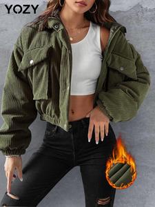 YOZY Women's Solid Button Front Pocket Zipper Corduroy Coat, Casual Drop Shoulder Long Sleeve Outerwear for Fall & Winter, Ladies Clothes for Daily Wear