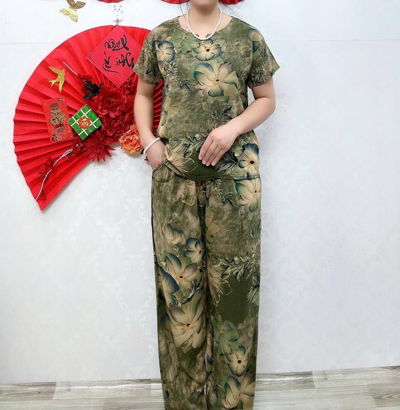 Bộ lụa mango mã K- quần dài tay ngắn cho bà và mẹ Có hoa Mùa hè Áo Nữ Top Có hoa Women Cotton Polka Dot