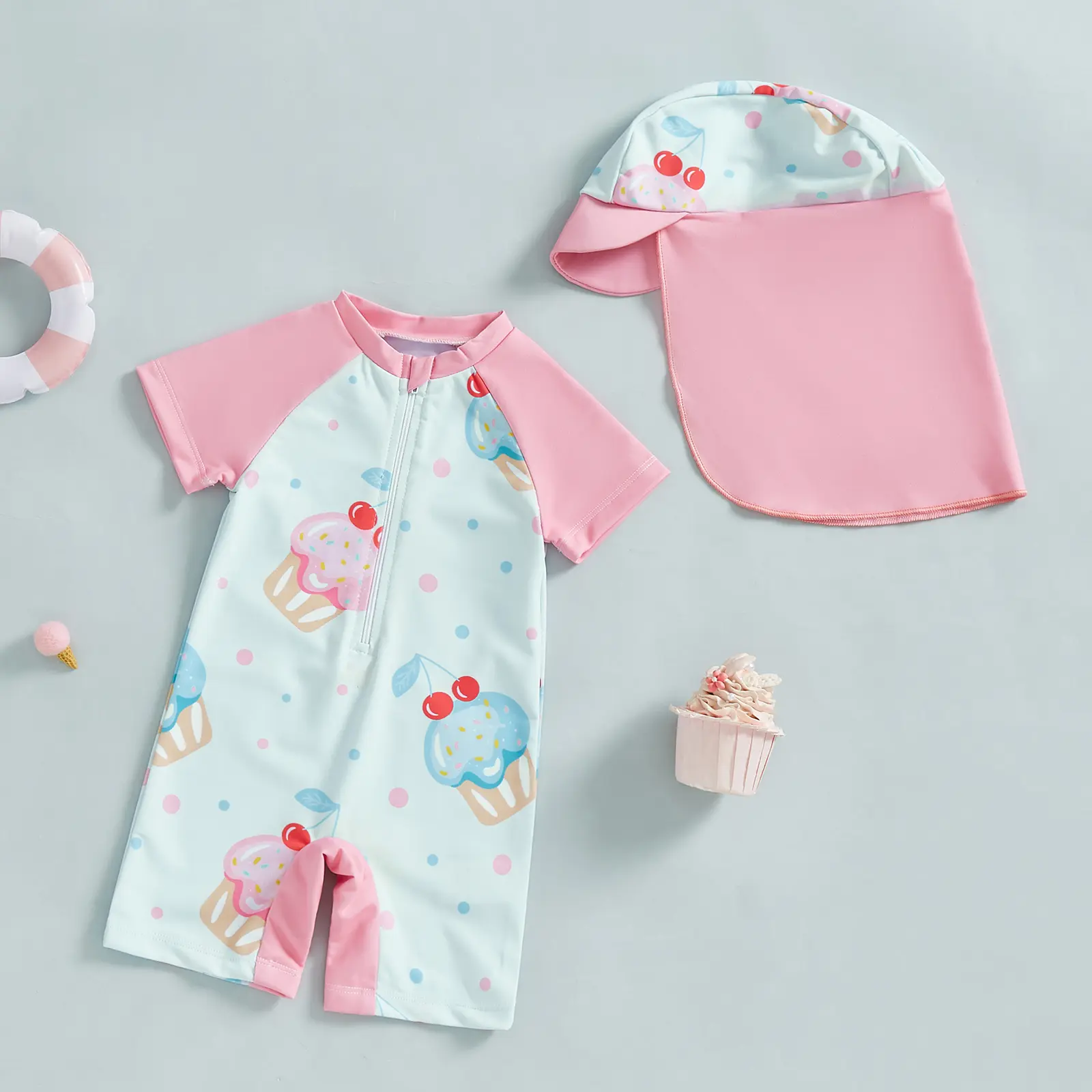 Toddler infant Girls Rash Guard Swimsuit with Hat 2 Pcs Set Zip Up Short Sleeve Crew Neck Baby Girls Swimwears