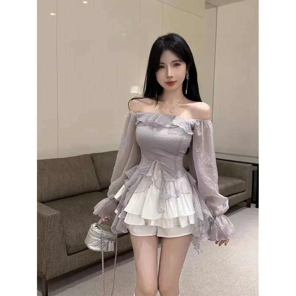 Áo Sơ Mi Tay Loe Xếp Nhún Trễ Vai, Phong Cách Pháp, Dành Cho Quần Áo Mùa Thu Của Phụ Nữ, Ôm Sát Và Đẹp, Áo Sơ Mi Ngắn Cao Cấp Women Top Shirt Xám