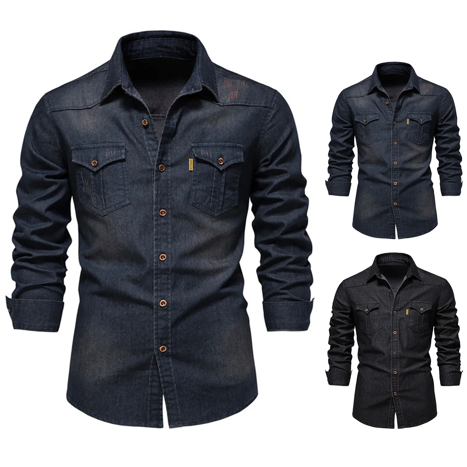 Áo Sơ Mi Denim Nam, Màu Trơn Nhiều Túi, Bộ Sưu Tập Mùa Xuân / Mùa Hè, Một Hàng Cúc, Cổ Áo bẻ xuống, Thích Hợp Sử Dụng Trong Văn Phòng, [kounis]