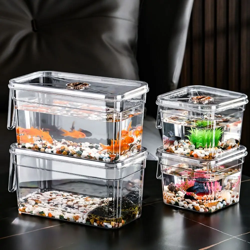 Fighting Fish Tank Square/Rectangle Desktop Goldfish Bowl Broken Resistant Transparent Betta Bowl Dustproof with Lid and Handle Plastic Fish Tank for Office