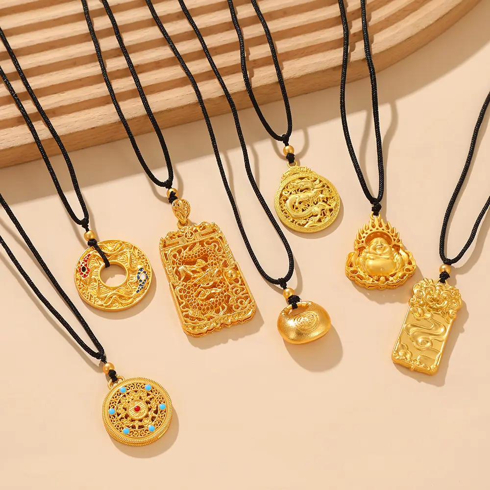 Alluvial Gold Dragon Necklace Pendant Zodiac Life Necklace Five Fu Enamel Vietnam Buddha Head Ethnic Style Men's Pendant