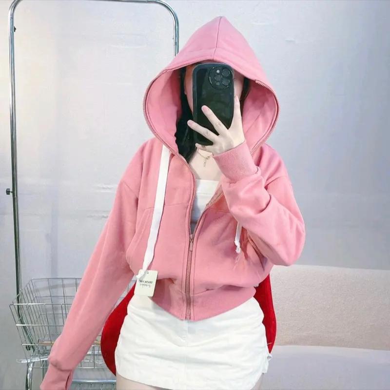 Áo khoác nỉ lửng 4 túi dày dặn lót lông Top Nữ Jacket Women Nhung Hoodie Hồng