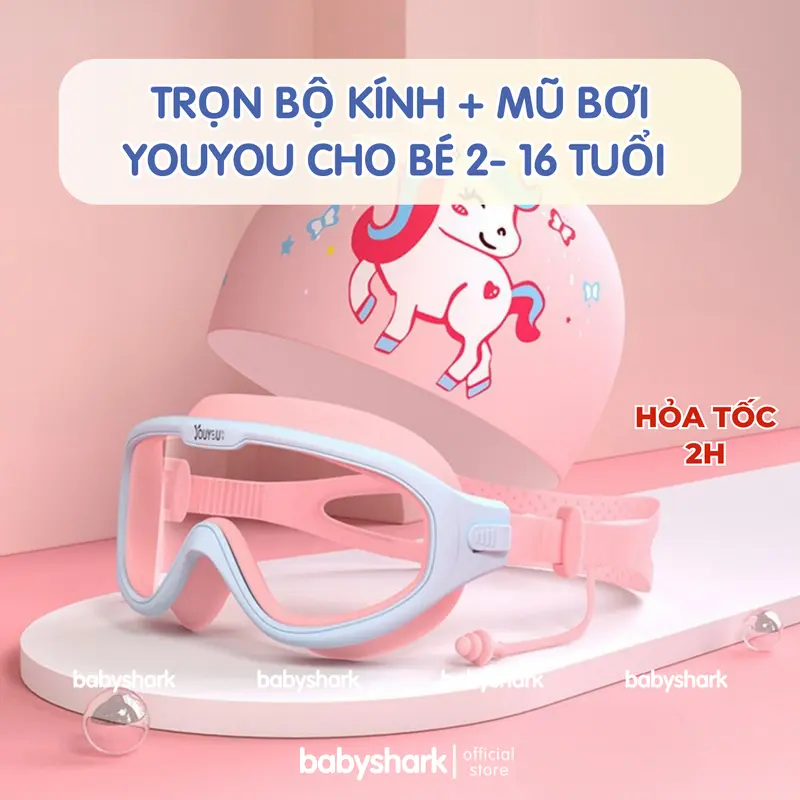 Combo Kính Bơi Trẻ Em Youyou cao cấp kèm Mũ Bơi Trẻ em + Nút bịt tai chống sương mù cho bé trai bé gái 4-16 tuổi 1