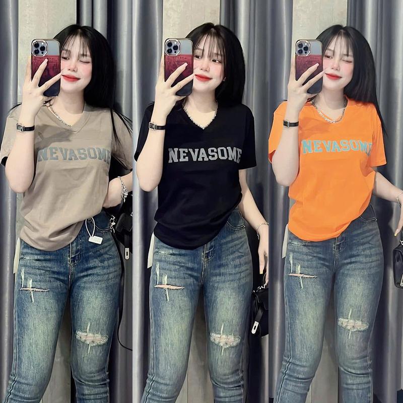 Áo Thun Cổ Tim Nữ Dáng Ôm Vừa [Mã B14], Form 40~60kg Vải Borip Cotton Mềm Mát Co Dãn 4 Chiều [NEVASOME] Top Women Cổ Tròn Màu Trắng áothunnu