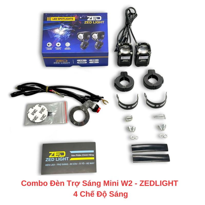 COMBO Đèn Trợ Sáng Mini W2 ZEDLIGHT 4 Chế Độ Sáng Auto Passing 27W 9-80V Điện Bình, Kèm Công Tắc Pas Ghi Đông Bấm Sẵn Giắc Cos Chỉ Việc Lắp - Phụ Tùng