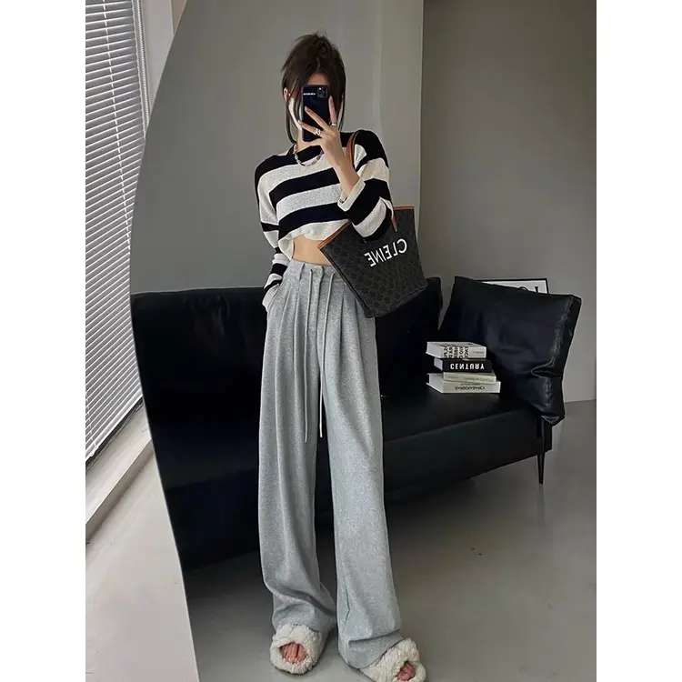 Minimalist New Autumn Korean Style Loose Drawstring High Waisted Women's Straight Long Pants