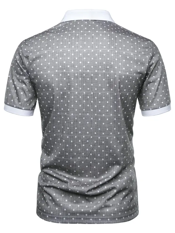 Men's Regular Fit Polka Dot Print Contrast Binding Polo Shirt, Casual Short Sleeve Button Front Top for Spring & Fall, Fashion Men's Clothes for Daily Wear 1