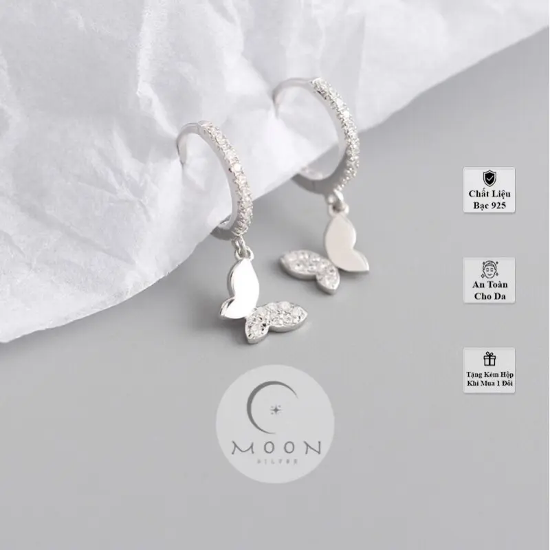 Khuyên tai bạc nữ 925 phong cách trẻ trung nữ tính , Bông tai bạc nữ tròn đính đá hình bướm Moon Silver