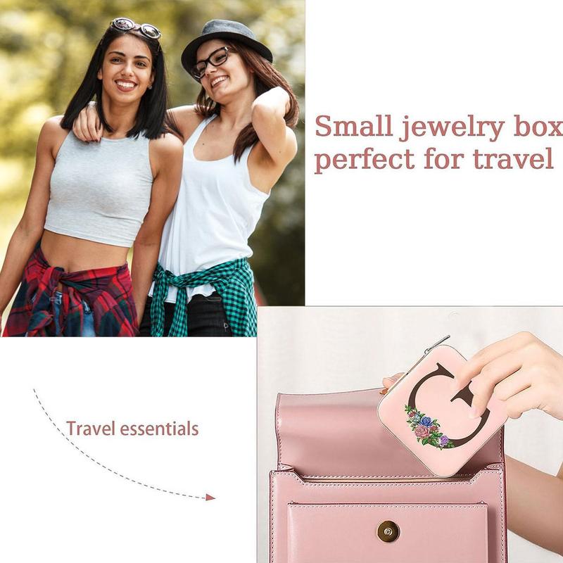 Floral & Letter  Pattern Jewelry Storage Box with Mirror, 1 Count Portable Travel Jewelry Organizer, Jewelry Storage Box for Ring Necklace Earrings 6