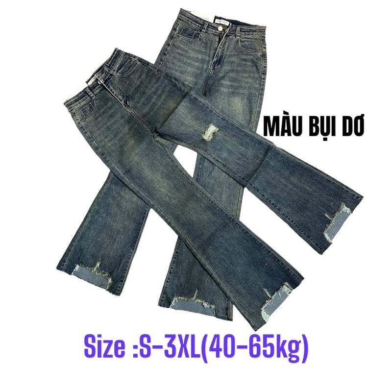 Quần bò, jean ống loe phối rách màu bụi cạp cao tôn dáng chất jean mềm co dãn