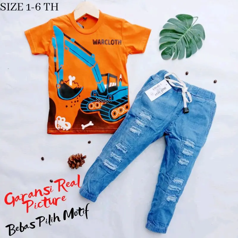 Setelan Kaos Jeans Panjang Anak Laki Laki Usua 1-6 Tahun Lengan pendek