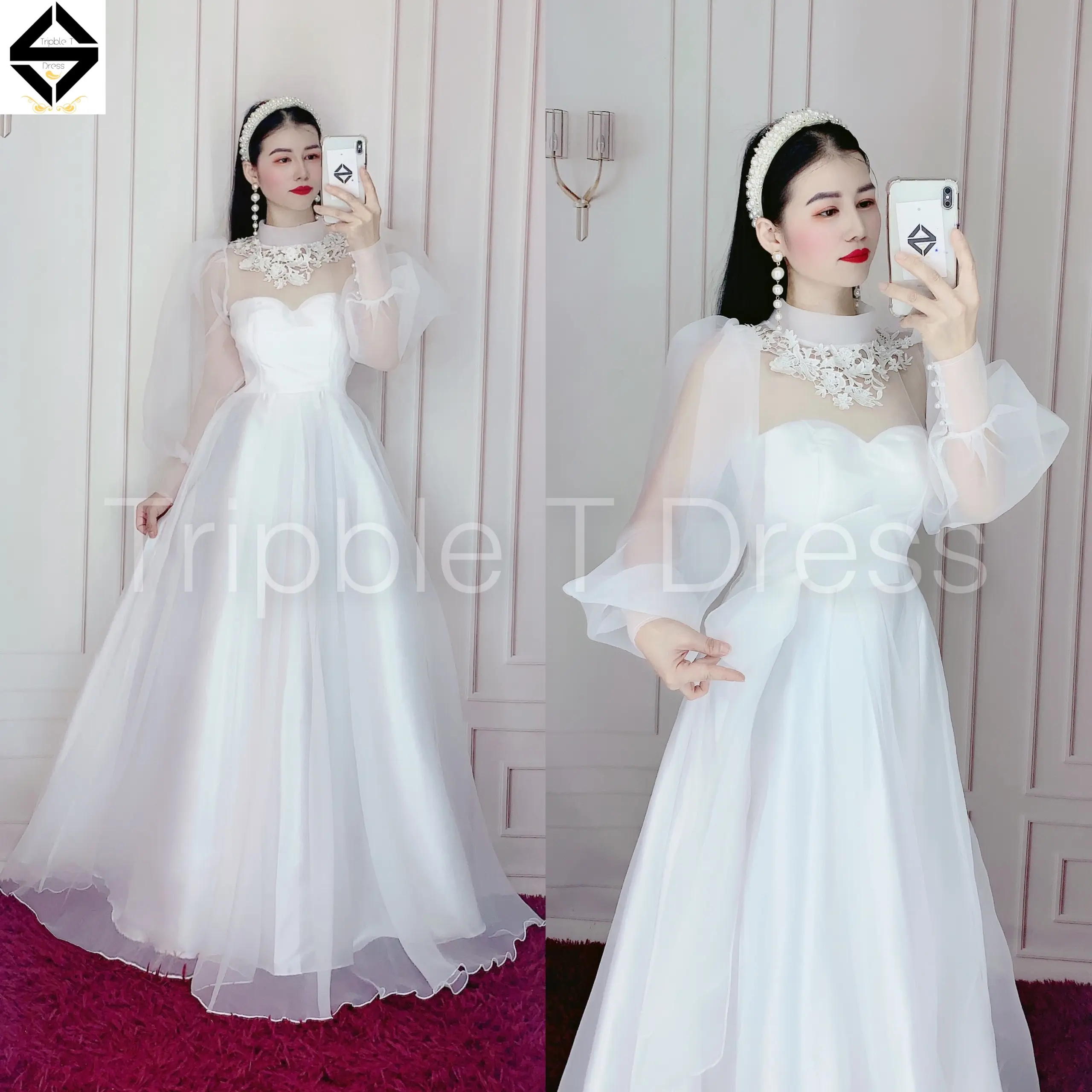 Đầm mặc cưới tay dài phồng voan xốp tặng kèm nơ TRIPBLE T DRESS -Size S/M/L/XL/XXL - MS314V