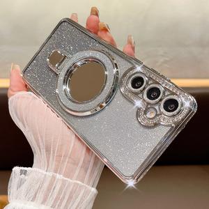 Funda con Soporte de Espejo Magnético y Brillos para Samsung A06 A16 A26 A36 A56 A14 A34 A54 A55 A15 A24 A25 A35 5G, Cubierta a prueba de golpes