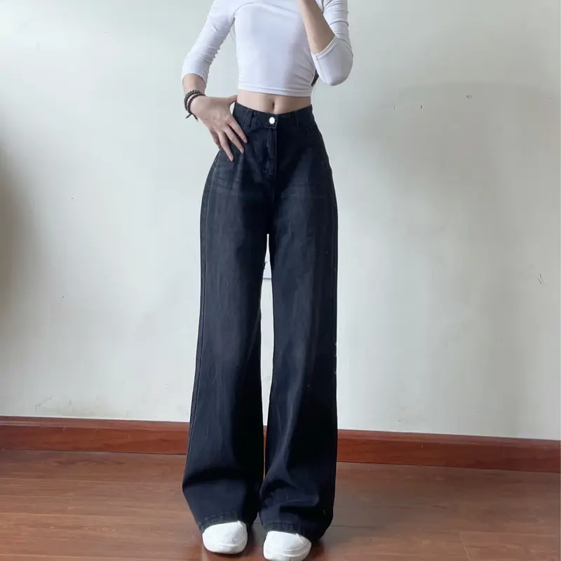 Quần jean ống rộng loe màu retro màu mài đen/trắng Women - Denim Pants 7613/6222 2