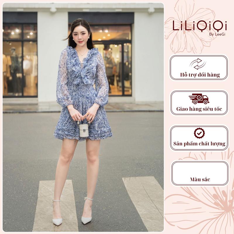 Đầm Hoa Nhí Đan Dây Cổ LiLiQiQi By LeeGi Váy Hoa Tay Dài Chiết Eo Florin Dress Women Dress Min609 - Hoạ tiết hoa nhí xanh