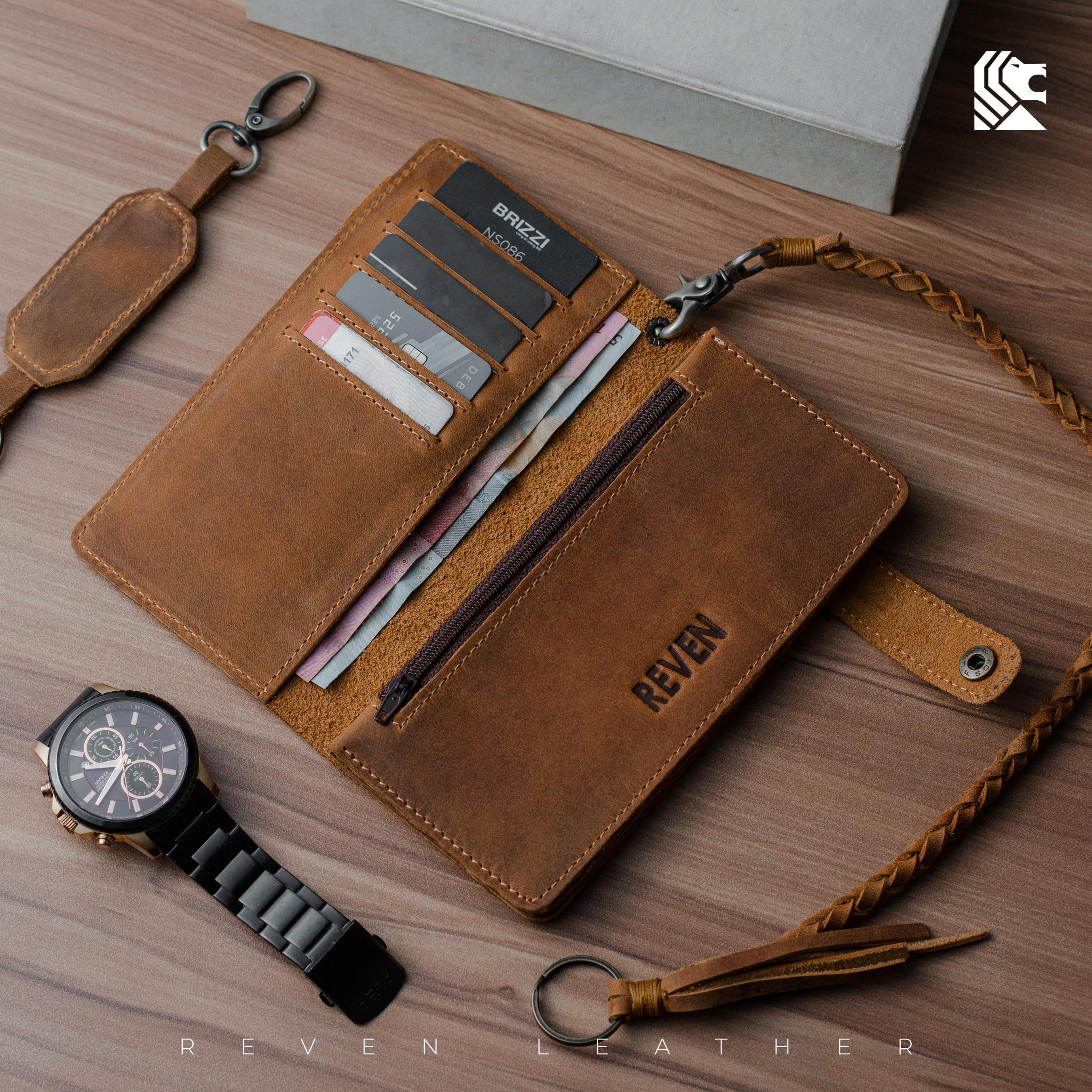 REVEN Bontage Dompet Panjang Lipat 2 Pria Kulit Asli Crazy Horse Klasik Keren Total 9 Slot Ruang Koin Resleting Kancing Klip Pouch HP Rantai Pengaman Untuk Motoran Gaya Cowok