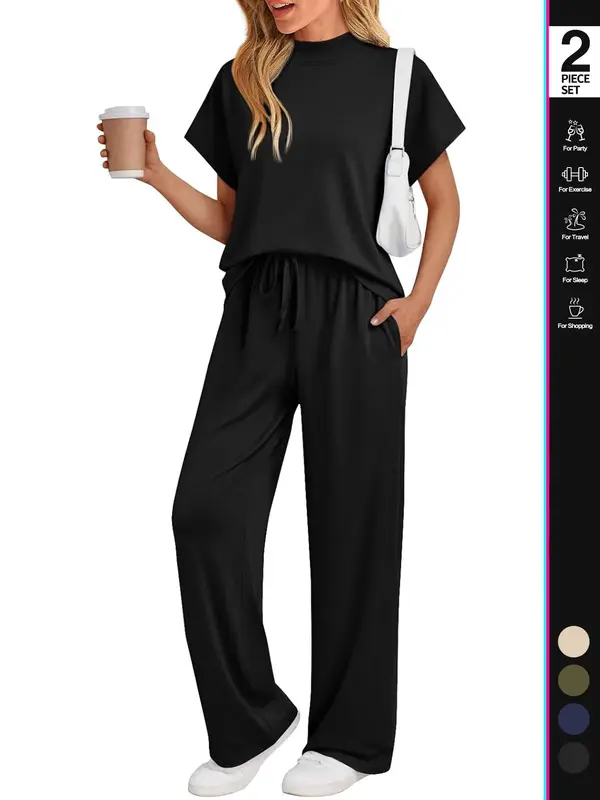 Women's Solid Color Shortsleeve Top & Pants Loungewear Two-Piece Set, Casual Comfy Short Sleeve Tee & Trousers Pajama Set, Ladies Sleepwear for Summer, Womenswear, Pjs 2