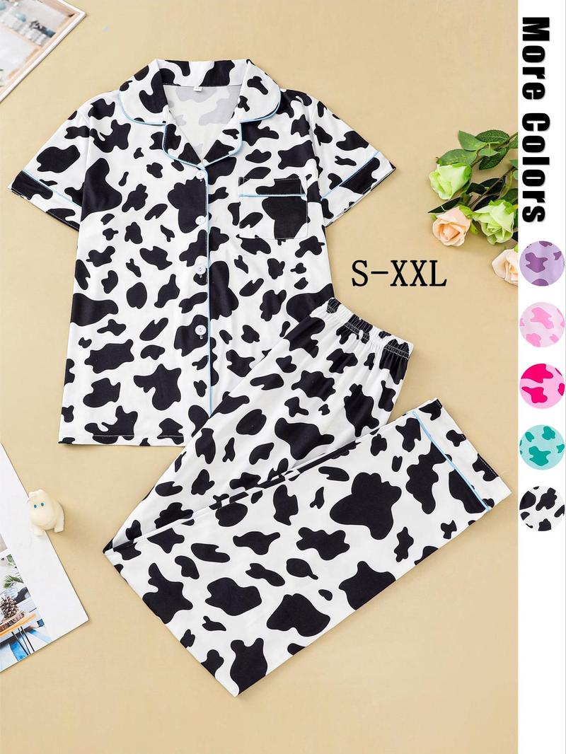 Product Introduction of Women's All Over Cow Print Contrast Binding Lapel Shirt & Elastic Waist Pants Pyjama Two-piece Set, Casual Comfy Short Sleeve Pocket Button Up Top & Trousers Pj Set, Women's Sleepwear for Spring & Fall, Pajama Sets Women, Pajamas 1