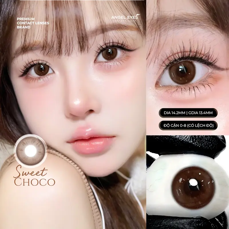 Lens nâu tự nhiên 0-8 độ Sweet Choco thương hiệu Angel Eyes, kính áp tròng nâu giãn nhẹ cho mắt thở 12h ngày thích hợp đi cho các bạn nữ đi chơi, đi làm, chụp ảnh 1