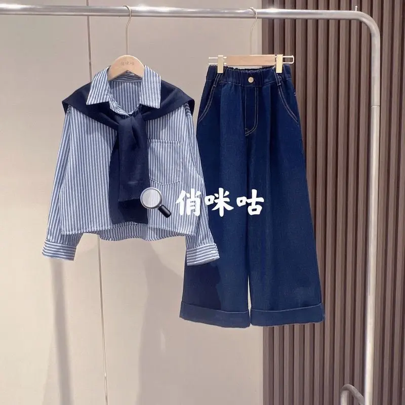 Bộ Trang Phục Mùa Xuân Cho Bé Gái, Bộ Hai Mảnh Áo Sơ Mi Sọc Và Quần Jean Sành Điệu, Thích Hợp Cho Mùa Thu Và Mùa Xuân, Cỡ Lớn, Cho Trẻ Em, Năm 2025