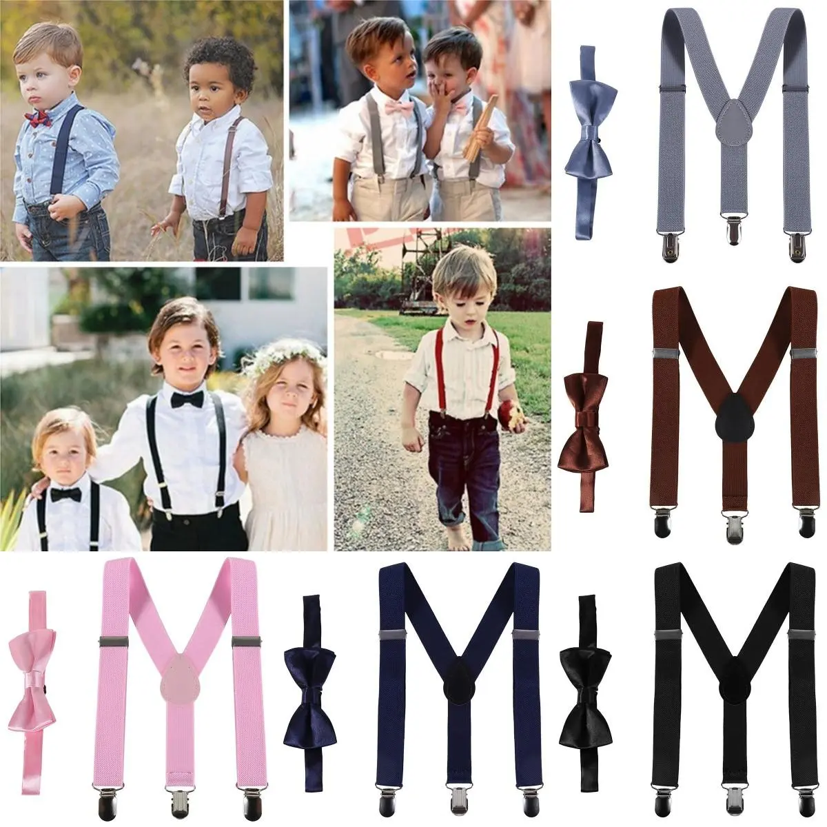 Baby Boys Girls Solid Color Clip-on Suspenders Elastic Adjustable Braces with Cute Bow Tie