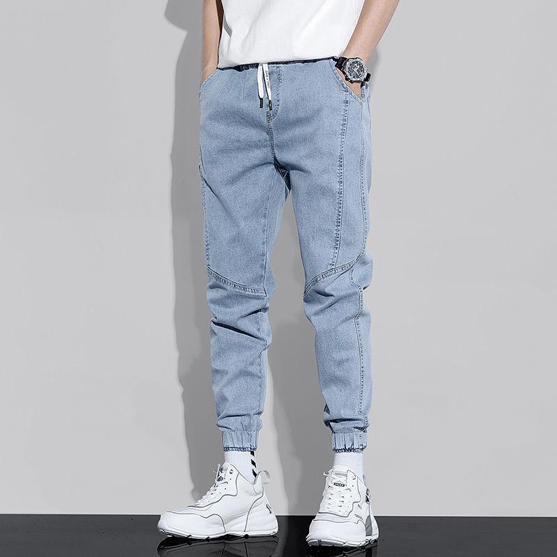 Men's jeans Korean trend summer style jeansloose light color casual workwear Harlan jeans loose stitching cropped trousers 3