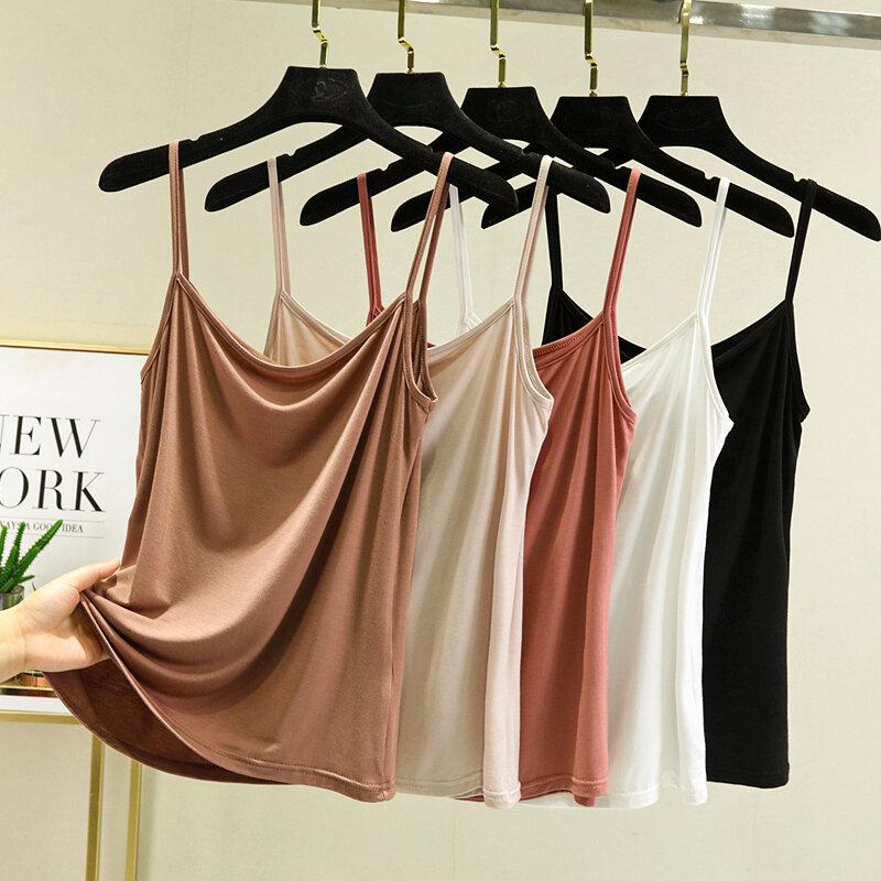 Áo Hai Dây Nhỏ Chất Liệu Vải Modal, Không Tay Mùa Hè Cho Nữ, Phối Bên Trong, Mỏng Vừa Vặn, Áo Lớp Nền, Ngoại Cỡ, Áo Mỏng, Màu Trơn Thích Hợp Mặc Bên Trong, Kiểu Áo Vest Top Women Tua Rua Sò Cổ Tròn 1
