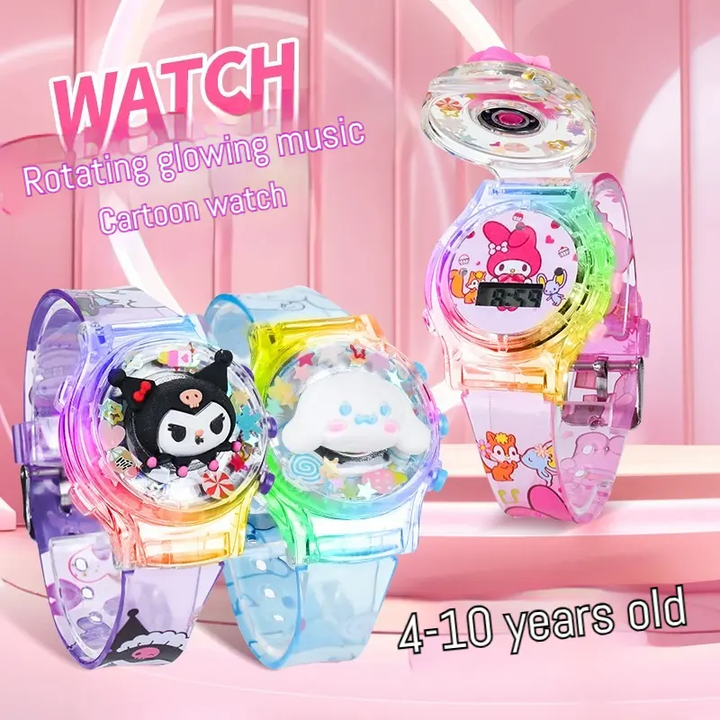 Fashion News Sanrio Kuromi My Melody Kawaii Rotating Luminous Music Children's Watch Electronic Cartoon Toys Watch Children's Gifts