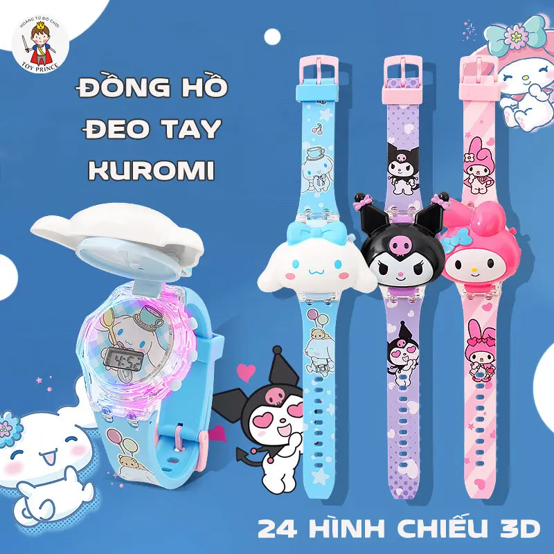 Đồng Hồ Đeo Tay Hình Kuromi /Cinnamonroll / Hello Kitty /Elsa Kèm 24 Hình Chiếu 3D Dễ Thương Có Hiển Thị Ngày Giờ Cho Bé