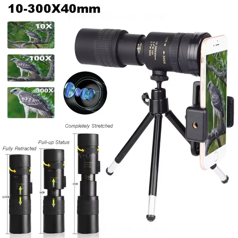 HD Teropong Monocular Telescope 10-300x40 Zoom dengan Tripod dan Holder HP - Lensa Tele HP Zoom - TTVXO FBA44 Portabel untuk Berkemah Untuk telepon iphone android 0