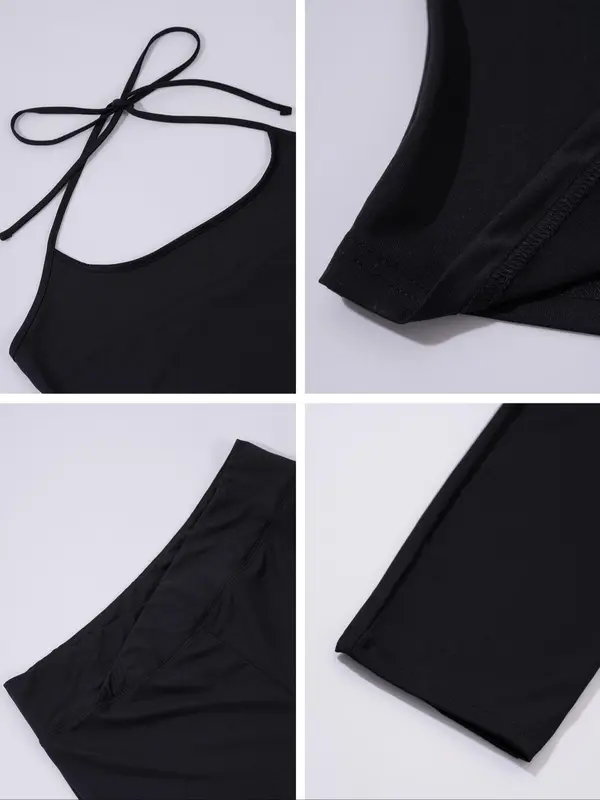 Women's Solid Color Halter Top & Pants Two-piece Set, Casual Fashion Cozy Breathable Two Piece Outfits for Daily Outdoor Wear, Ladies Clothes for Summer 3