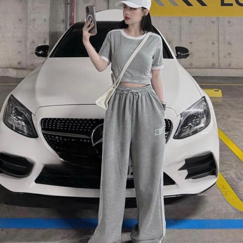 Bộ cotton áo crop quần suông HangTong Qc