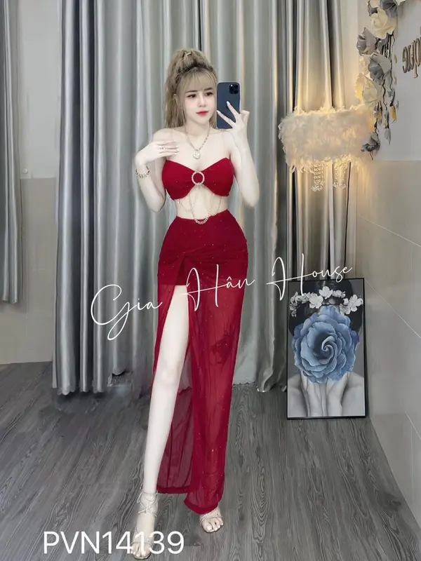 GIA HÂN - SET ÁO KHOEN TRÒN VÁY LƯỚI NHŨ (KÈM QUẦN SHORT) - 14138 - Freesize Nữ Nhung Đỏ 0