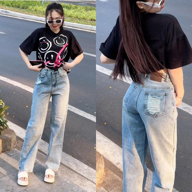 [ ZINLY SHOP ] Quần Jean Nữ Ống Suông Cạp Cao Túi Rách Phối Mạc Da Nâu Q272