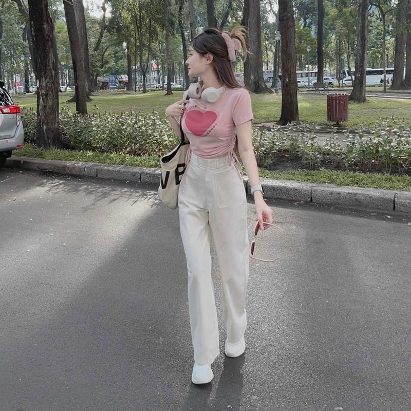 Sét bộ thời trang đi chơi áo thun rút dây 2 bên mix quần kaki có túi kiểu