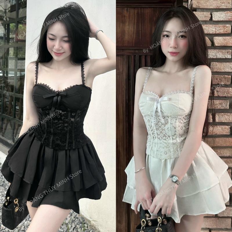 S17[HÀNG CÓ SẴN] Sét Áo Ren Nhung Cao Cấp Đính Nơ Dây Ren Cúp CÓ MÚT Lưng Thun Khoá Kéo - Chân Váy xòe Women Top Nữ Kem Viền Ren Trắng