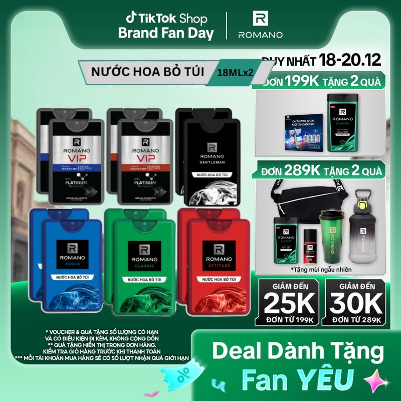 ĐƠN 199K TẶNG 2 QUÀ Combo 2 Nước hoa bỏ túi cho nam Perfume Romano Hương Attitude Classic Force Gentleman Vision Passion 18ml chai - 6 mùi hương có sẵn